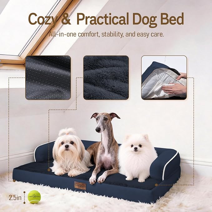 Comfort Expression Extra Large Dog Bed - XXL Washable Orthopedic Bed for Big Dogs - Pet Couch Waterproof Bolster with Removable Non-Slip Cover, 48 x 33