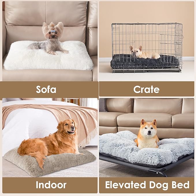 EHEYCIGA Fluffy Dog Crate Bed for Small Dogs, Plush Faux Fur Crate Pad, Calming Anti Anxiety Small Dog Bed, Washable Soft Warm Mat with Non-Slip Bottom, Taupe