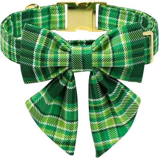 Maca Bates Irish Plaid Dog Collar with Sailor Bow Tie,Shamrock Green Gingham Pattern for Large Girl Boy Dogs,Adjustable Durable Soft Collars Gift for Male Female Puppy
