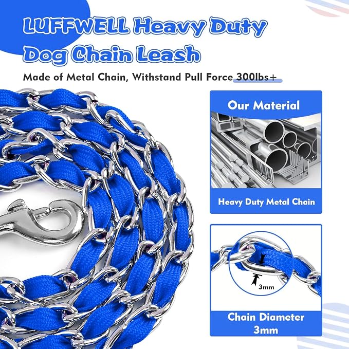 Heavy Duty Metal Dog Chain Leash with Comfortable PU Leather Padded Handle, Chew Proof for Medium Large Pooch Walking Training (4FT 3.0mm Blue)