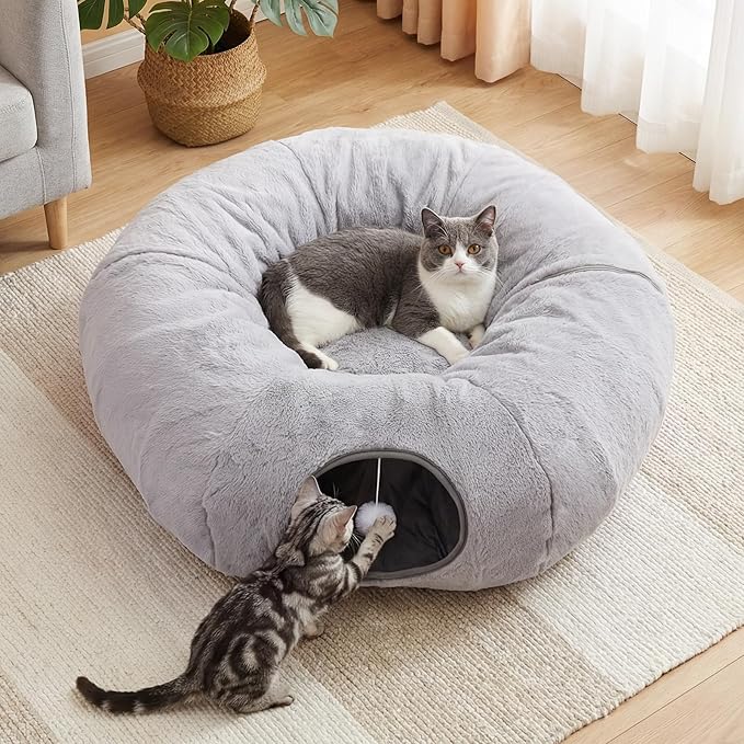 Cat Tunnel Bed for Indoor Cats, 31.5in Round Cat Tunnel for Small Cats, Cat Donut Tunnel with Washable Plush Mat, Collapsible Tunnel Hideplace for Kittens, Squirrels Grey
