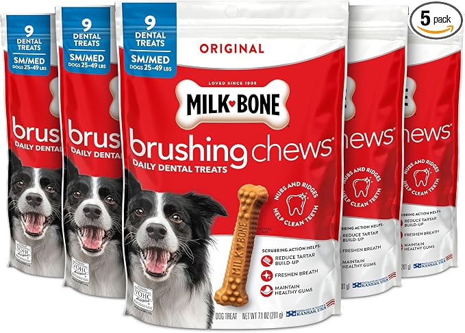 Milk-Bone Brushing Chews Original Chicken Flavor Daily Dental Dog Treats, Small/Medium, 7.1 Oz. Bag (Pack of 5)