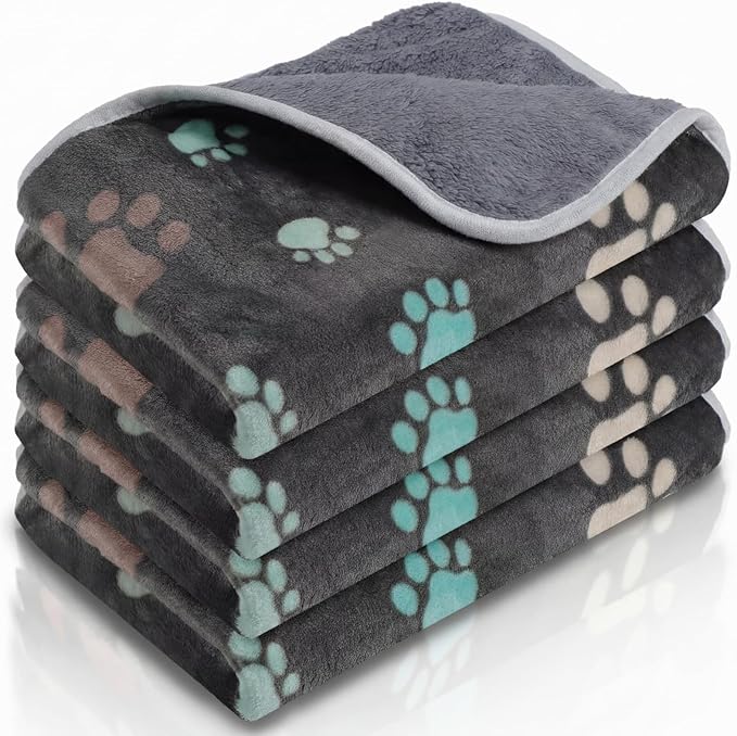 Panelee 4 Pcs 24 x 16 Inch Waterproof Dog Puppy Pads Soft Cat Blankets Dog Sleep Mat Absorbent Pet Blanket Paw Pattern Whelping Warm Pads Fleece Puppy Potty Training Pad Reusable(Black)