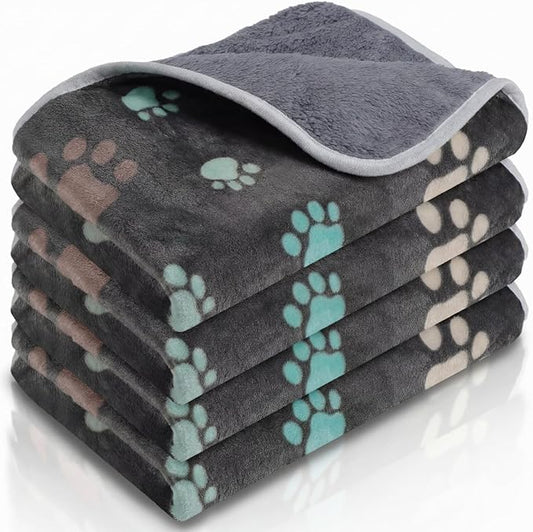 Panelee 4 Pcs 24 x 16 Inch Waterproof Dog Puppy Pads Soft Cat Blankets Dog Sleep Mat Absorbent Pet Blanket Paw Pattern Whelping Warm Pads Fleece Puppy Potty Training Pad Reusable(Black)