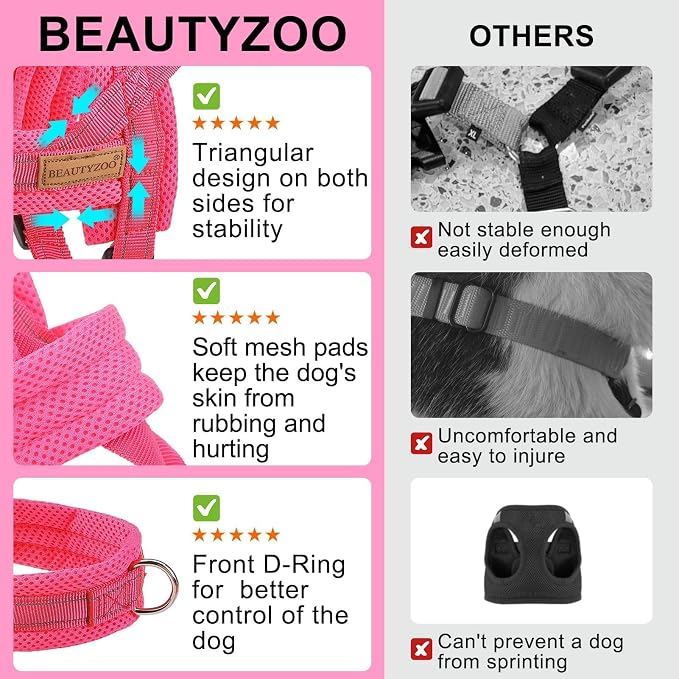 BEAUTYZOO No Pull Dog Harness Medium Sized Dog, Breathable Mesh Padded Dog Harness and Leash Set, Adjustable Reflective Escape Proof Dog Vest Harnessss Quick Fit for Training Walking, Hot Pink M