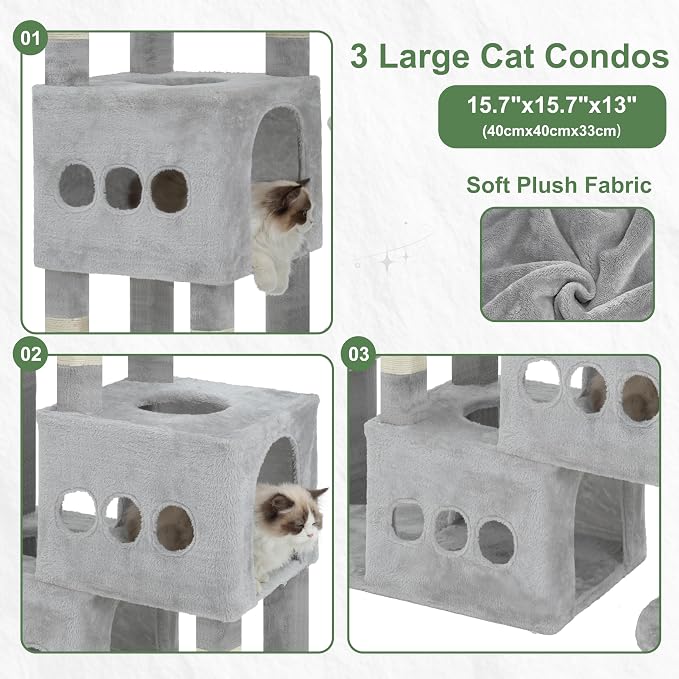 Gitelsnour Sturdy Cat Tree with 3 Large Cat Condos, 3 Platfroms, 71.7'' Cat Tree Tower for Indoor Cats Large Adult, Heavy Duty Cat Tower with 10 Scratching Posts for 20 lbs+Cats, Light Gray GCT036W