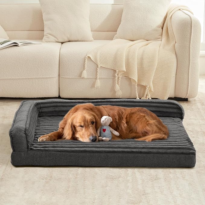 WINDRACING Orthopedic Dog Beds for Large, Medium Dogs, Waterproof Egg Foam Dog Sofa Bed with L Bolster Sides, Washable Large Pet Bed with Removable Cover & Non-Slip Bottom, 36 x 27 inch, Gray