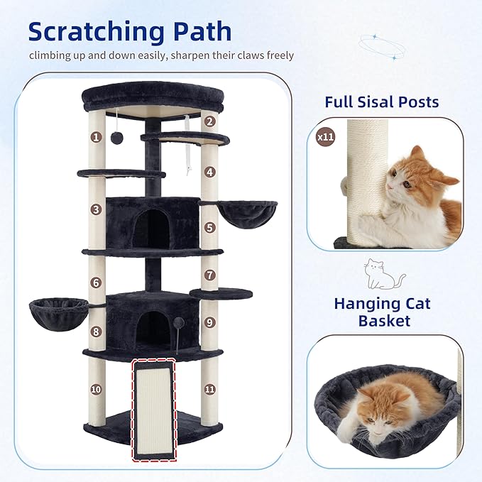 Gitelsnour Corner Cat Tree for Indoor Cats, Cat Tower with All Sisal Scratching Posts, Multi-Level Cat Condo wth 2 Large Cat Caves, Big Top Perch, 2 Hanging Baskets, Sisal Ramp, Drak Gray GCT035G