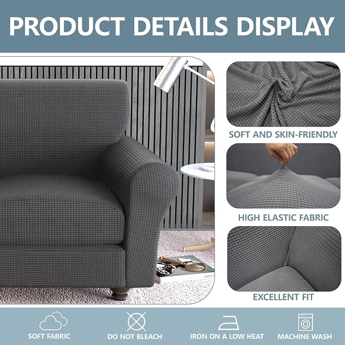 Stretch Couch Covers for 2 Separate Cushion Couch Sofa -Living Room Couch Sofa Cover,Washable Sofa Slipcover,Pet Friendly Furniture Protector with Elastic Bottom,Universal Fit for Home(Gray,Loveseat)