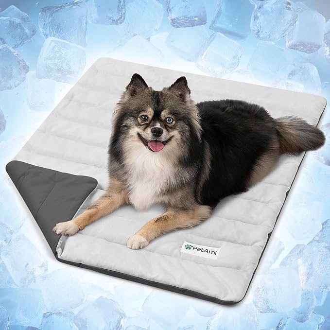 PetAmi Dog Cooling Mat, Q-Max Pet Cooling Blanket with Thick Cushioning, Self Cooling Pad for Dogs & Cats, Reversible Summer Mat for Crate, Couch, Kennel, Gray/Light Grey, Medium (29x40)