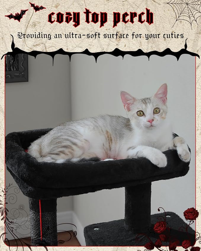MUTTROS Gothic Cat Tree with Super Large Hammock, 45.7" Black Cat Tower with Coffin Bed, Cat Condo, Sisal Scratching Posts & Top Perch, Multi-Level Goth Cat Tree, Halloween, Black