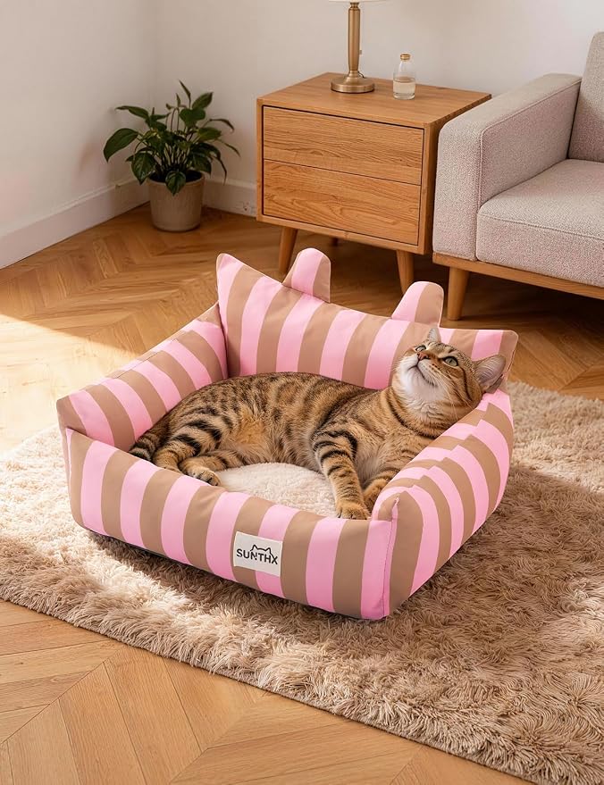 Cat Couch, Reversible Pet Bed for Indoor Cats – 2-Sided Cat Sofa with Oxford Fabric and Plush Fleece, Washable Small Dog Couch for Puppies and Senior Pets, Non-Slip Bottom, 22 inch, Pink Brown