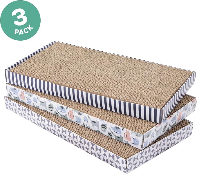 Kitty City 3-Pack XL Double Sided Corrugate Cat Scratcher Pads with Catnip - X-Large Horizontal Cat Scratcher Mats, Reversible Corrugate Nail File Scratchers - Stripes & Cats Design, 18” x 10” Each