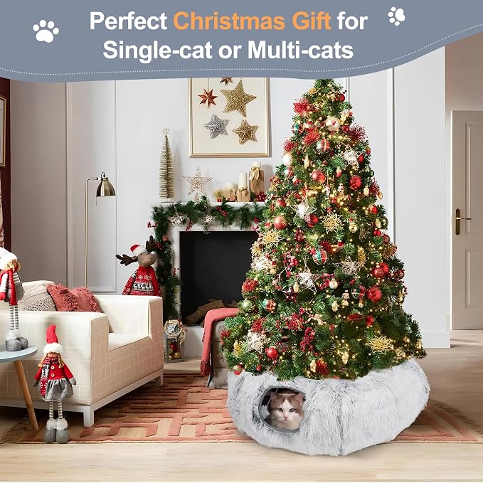 Cat Tunnel Bed for Indoor Cats, L Christmas Tree Skirts Washable Warm Soft Indoor Cat Donut Tunnel, Multifunctional Cat Interactive Playground Toys for Felines Pet Christmas Tree Decoration