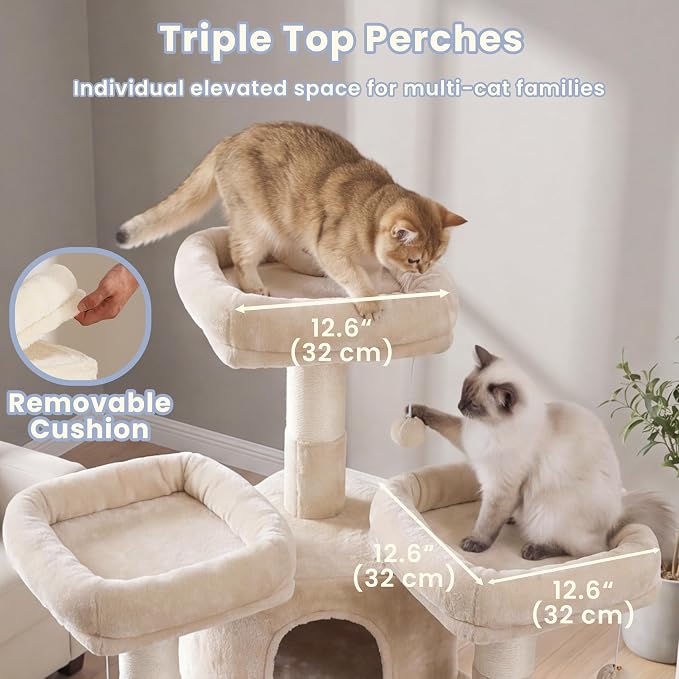 Cat Tree, 81.1-Inch Tall Heavy Duty Cat Tower with Diamond-Shaped Condo for Large Cats, Cat Furniture with 3 Wide Platforms, 2 Sisal Scratchers, Hammock & Stable Base, Beige VCT032MJ