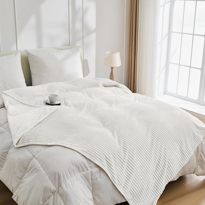 Bnuitland Fleece Throw Blanket for Couch, 300GSM Soft Warm Cozy Fluffy White Throw for Adults & Kids, Stripe Pattern 50"x60", All Season Sofa Bed Blanket for Home Decor