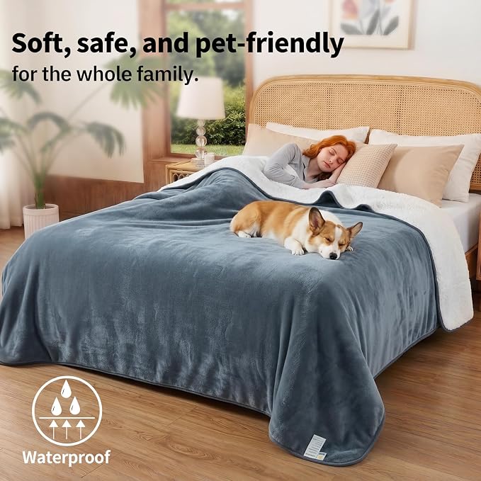 Sunheir Waterproof Blanket for Bed & Couch, Reversible Soft Sherpa Fleece Flannel Throw 50"X60", Leakproof Spill-Proof Dog Pet Blanket, Furniture & Sofa Protector, Camping, Travel, Grey