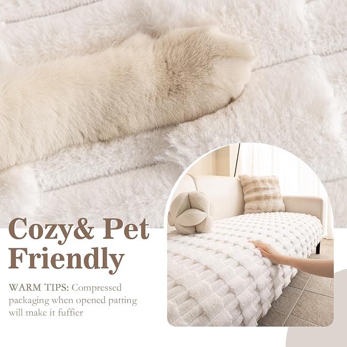 MYSKY HOME 100% Waterproof Couch Cover for Dogs, Plush Pet Couch Covers for Sofa Washable, Couch Covers for 2 Cushion Sofa Pet Friendly, Non-Slip Durable Sofa Cover Slipcover Protector, Cream, 35"x63"