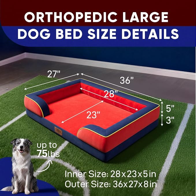 Comfort Expression Orthopedic Dog Bed for Large Dogs 36x27 Inch, Waterproof Egg Crate Foam Large Pet Bed with Bolsters, Dog Couch with Washable Cover & Non-Slip Bottom, Kansas