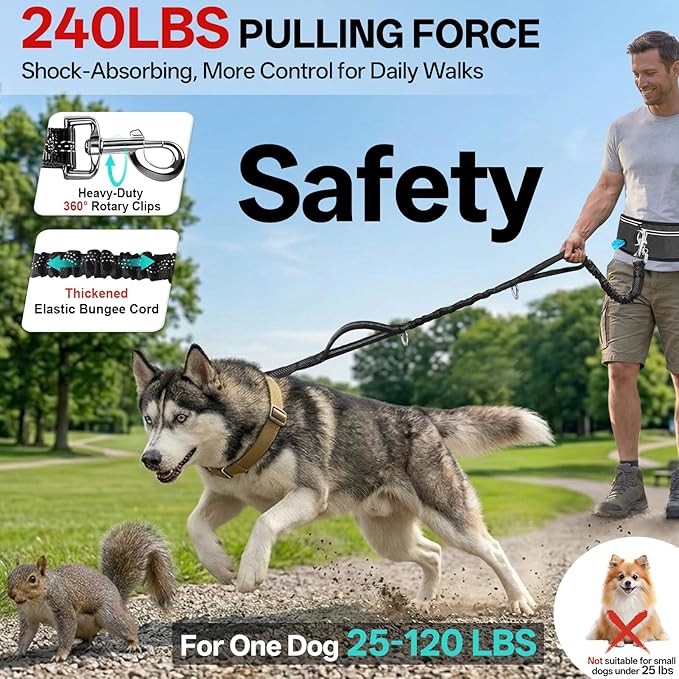 Hands Free Dog Leash, 240LB Heavy Duty Retractable with Partitioned Pouch Adjustable Waist Belt for Walking Running Jogging Hiking Biking Training for Medium/Large 25-120LBS Dog(Not for＜25LBS)