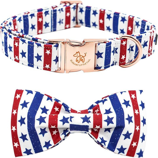 Elegant little tail Independence Dog Collar, Patriotic Pet Collar with Bow Tie American 4th of July Pet Cotton Soft Boy Girl Adjustable Collars for X-Small Puppy