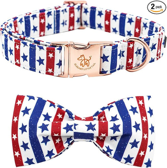 Elegant little tail Independence Dog Collar, Patriotic Pet Collar with Bow Tie American 4th of July Pet Cotton Soft Boy Girl Adjustable Collars for Large Dogs
