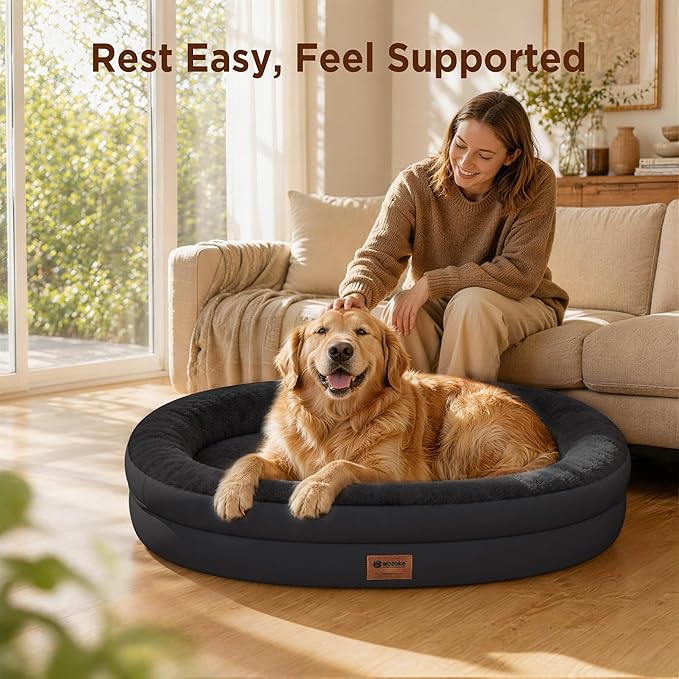 Orthopedic Dog Bed for Large Dogs, Waterproof Dog Bed for Large Size Dogs with Bolsters, Egg Crate Foam Sofa Bed with Washable Removable Cover & Non-Slip Bottom, Black