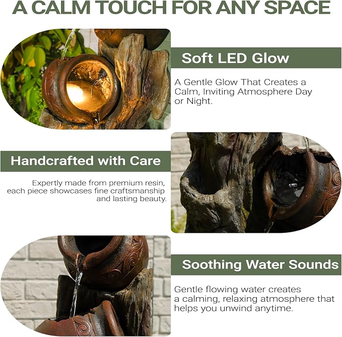 47" H Outdoor Water Fountain with LED Lights, 4-Tier Cascading Water Fountain for Indoor & Outdoor Use, Garden Patio Waterfall Fountain with Rustic Wood-Style Design for Porch, Backyard Décor