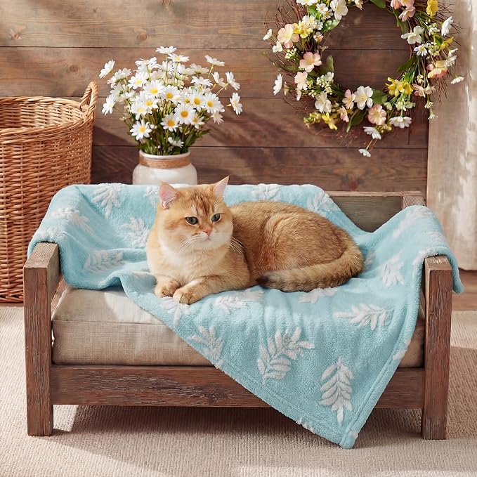 Horaldaily Pets Flannel Blanket, Blue Leaves 3D Textured Soft Fuzzy Fluffy Plush Cozy Fleece Premium Blankets for Dog Cat Puppy Kitten Couch Protection, 20x30