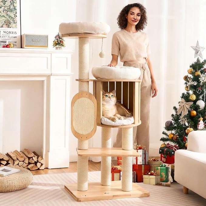 Modern Solid Wood Cat Tree for Indoor Cats Large Adult, 50in Tall Cat Tower with Sisal Scratching Posts, Cat Scratcher Cardboard, Cozy Cat Beds Cave Condo, Multi-Level Cat Furniture