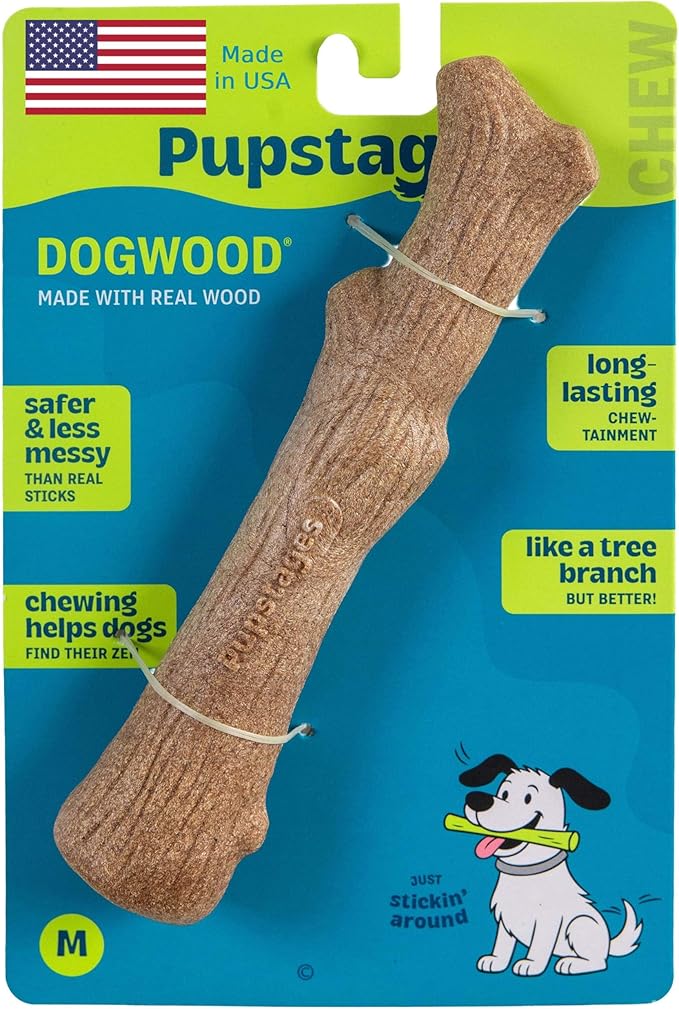 Pupstages Dogwood Dog Chew Toy, Made in the USA – Real-Wood Blend, Natural Flavor & Texture, Moderate Chewers, Medium, 7.4"