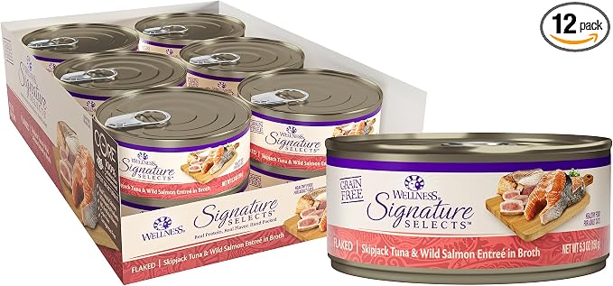 Wellness CORE Signature Selects Flaked Adult Canned Wet Cat Food, Natural, Protein Rich, Grain Free, Skipjack Tuna and Wild Salmon Entrée Recipe, 5.3 oz, Pack of 12 Cans