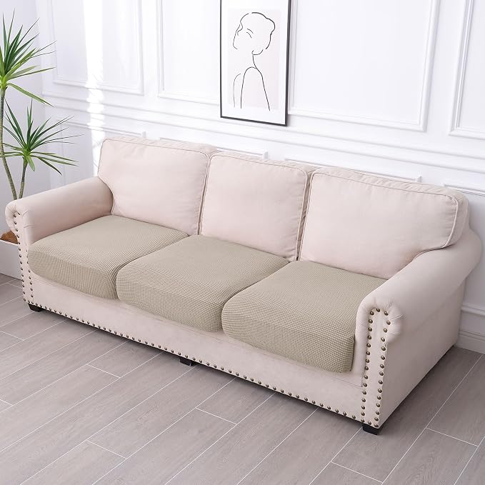 hyha Waterproof Couch Cushion Covers for Pets, Non Slip Sofa Seat Cover for Dogs Washable, Soft Thick Stretch Jacquard Fabric, Sofa Slipcovers with Elastic Bottom (3 Pieces, Taupe)