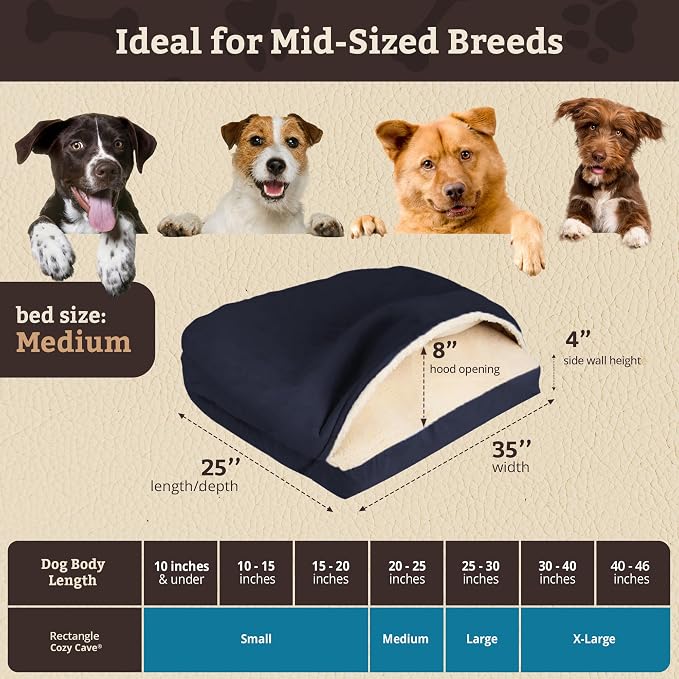 Snoozer Rectangle Cozy Cave Dog Bed - Indoor Dog Bed with Cover Cave, Covered Calming Burrow for Small & Medium Sized Pets with Blanket Attached, Enclosed, Washable Cover - Medium, Navy