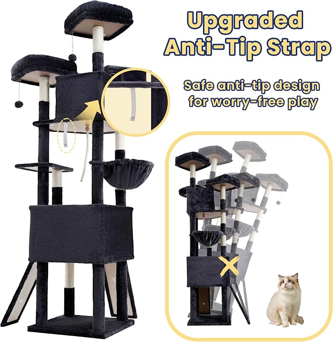 Cat Tree, 81.1-Inch Tall Heavy Duty Cat Tower with Diamond-Shaped Condo for Large Cats, Cat Furniture with 3 Wide Platforms, 2 Sisal Scratchers, Hammock & Stable Base, Smoky Gray VCT032G