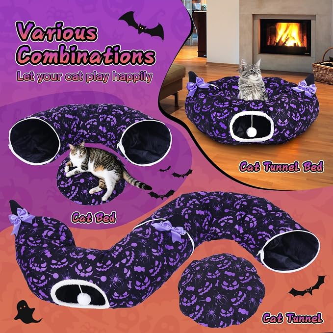 Tidjani Cat Tunnel Bed, Cat Tunnels for Indoor Cats, Foldable Cat Donut Bed with Washable Mat and Dangling Balls, Purple Bowknot, Ghost Spider Pattern Decor Pet Toys for Small Animals