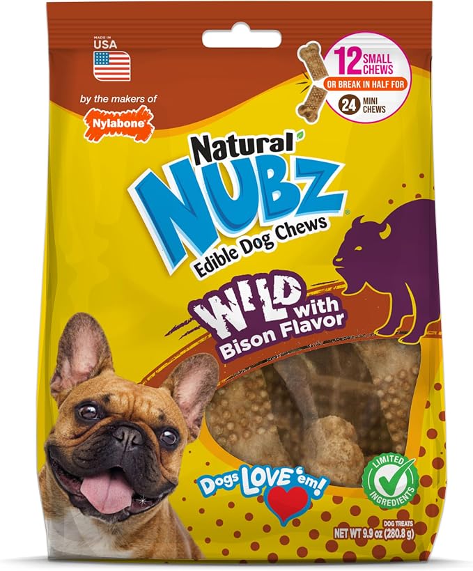 Nylabone Nubz Wild Natural Dog Chew Treats for Small Dogs, Long Lasting Dog Chew Bones Made in USA, Bison Flavor, Small Dog Bones for Dogs Up to 25 lbs. (12 Count)