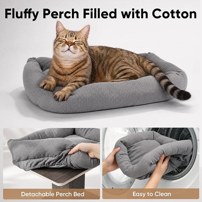 FUKUMARU Cat Scratching Post, Modern Style Tall Scratch Posts with Perch for Indoor Cats Adults, Large Cat Scratcher Tower with Bed, Small Tree with Raised Stand, Natural Sisal & Solid Wood