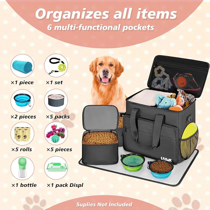 Dog Travel Bag, Large Pet Travel Set with Multi-Function Pockets, 2 Food Storage Containers, 2 Collapsible Bowls, 1 Feeding Mat for Pet Supplies, Road Trip Essentials, Weekend Camping (Black)
