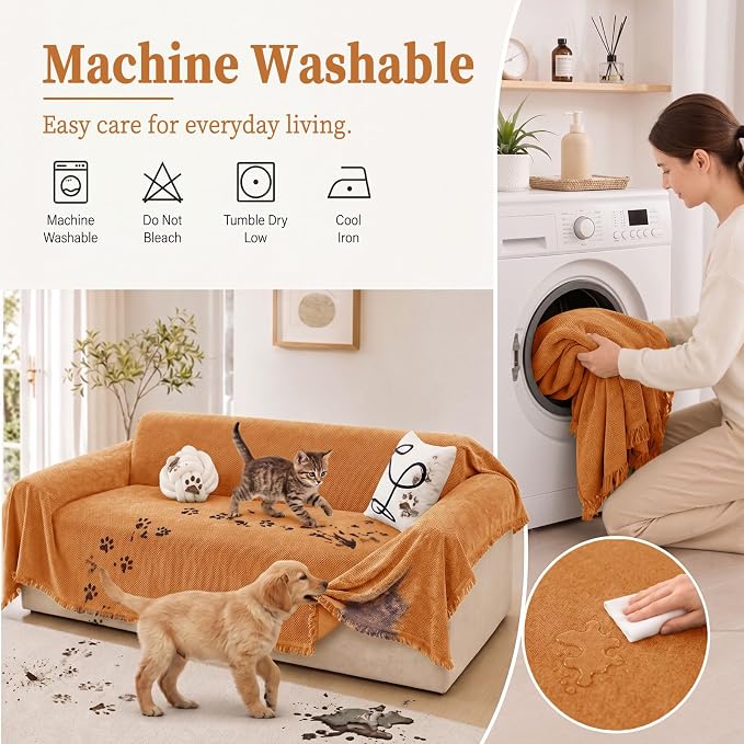 hyha Couch Cover for Dogs, Boho Sofa Covers for 3 Cushion Couch Washable, Chenille Sofa Slipcover for Pets, Soft Loveseat Sectional Couch Throw Blankets with Tassels (Orange, 88.5x134 Inch)