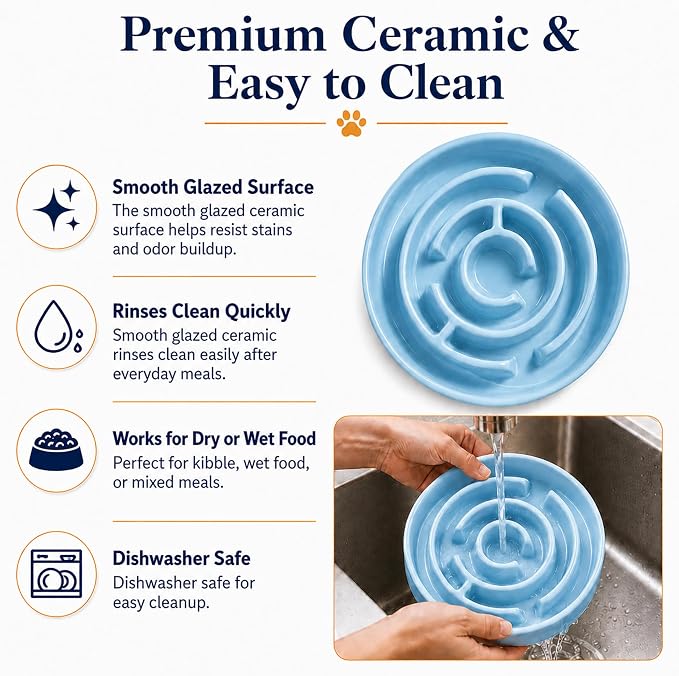 Ceramic Slow Feeder Dog Bowls with Anti-Slip, Slow Feeder & Non-Slip Design, Boredom and Anxiety Reducer, Suitable for All Breed Dogs and Cat (Ceramic-Blue)
