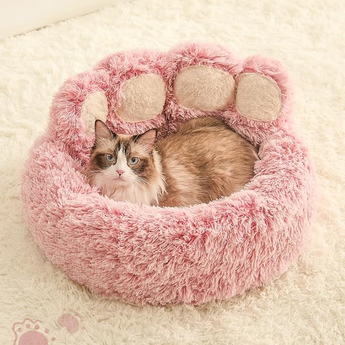 Jiupety Paw Shape Calming Pet Bed, Plush Faux Fur Donut Bed for Dogs & Cats, Machine Washable, Non-Slip Bottom, Medium (22"×22"×6"), Pink