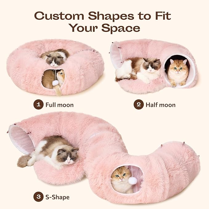 Meowfia Indoor Cat Tunnel with Donut Bed - Large Flexible Play Space for Multiple Pets - Circle or Snake Shape, Cozy Lounge (Pink)