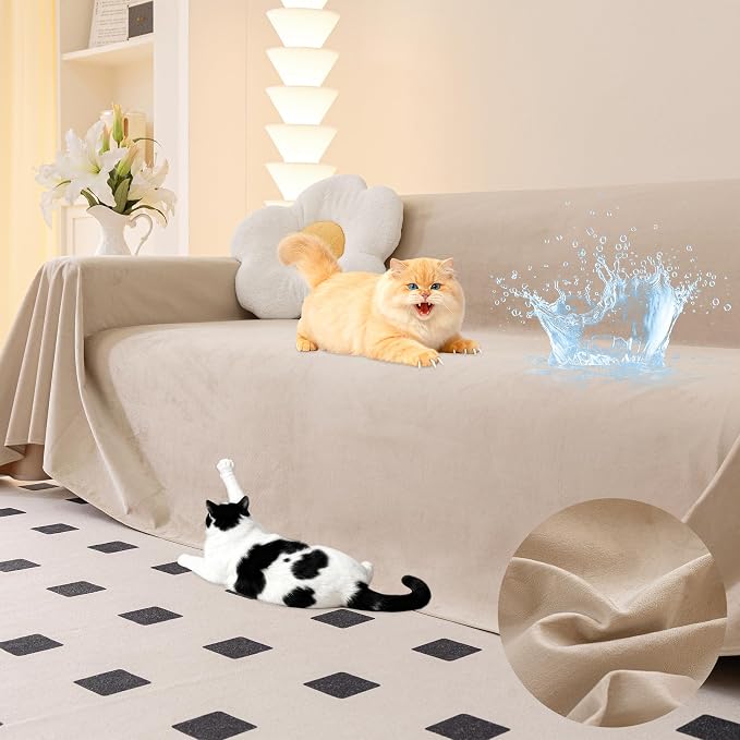 Loiion Cat Scratch Furniture Protector - Ultra Soft, Waterproof Sofa Cover to Keep Cats Off, Pet-Friendly Couch Protectors for Love Seat, Anti-Slip Couch Cover for Pets and Kids 134"X91" Almond