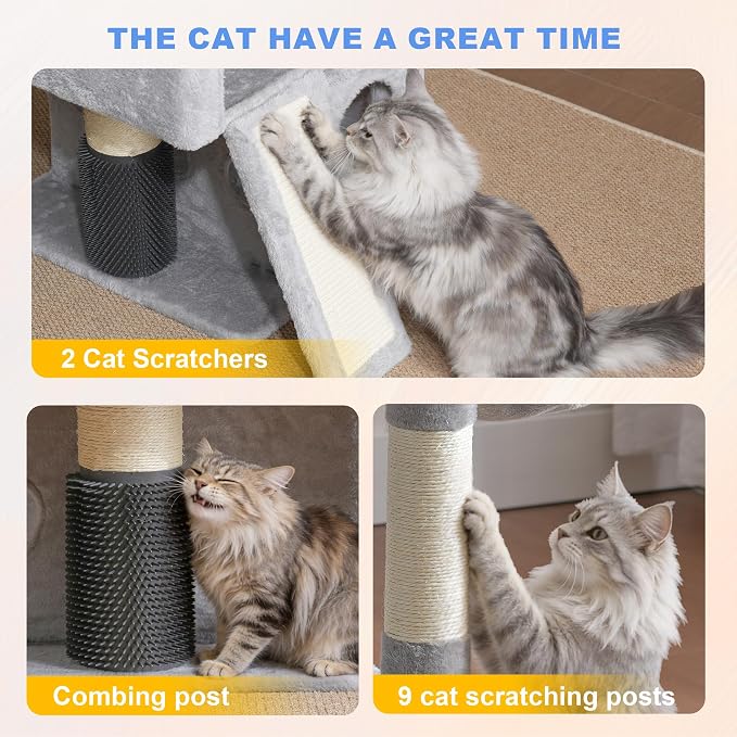 Hey-brother Cat Tree Tower, 71.5 Inches Scratching Posts with Extra Large Platform, 2 Cozy Condos, 2 Hammocks and Scratch Boards, Multi-Level House for Multiple Indoor Cats, Smoky Gray MPJ085W