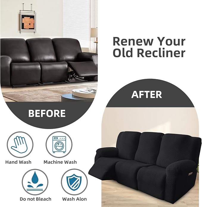 Genina Recliner Sofa Covers - Stretch Reclining Couch Covers with Stripe Jacquard - 3 Seat Cushion Slipcovers with Soft Fabric - Furniture Protector for Pet Kid (Black)