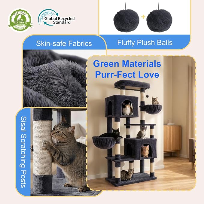 Heybly 68.1" Cat Tree with Oversized Top Platform & Wide Base, Heavy Duty Cat Tower for Large Indoor Cats with 2 Condos, 2 Hammocks, 10 Sisal Scratching Posts, Stable Cat House, Smoky Gray HCT059G