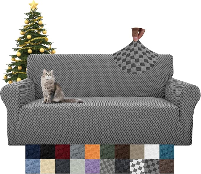 YEMYHOM Couch Cover Latest Jacquard Design High Stretch Sofa Covers for 3 Cushion Couch, Pet Dog Cat Proof Slipcover Non Slip Magic Elastic Furniture Protector (Large, Dark Gray Checkered)