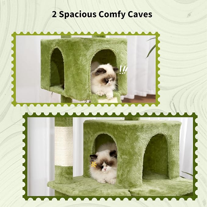 Gitelsnour Cat Tree for Indoor Cats, 71'' (180cm) Multi-Level Cat Tower for Large Adult, Sturdy Cat Tree House with 2 Scratching Boards 7 Posts, 2 Plush Perches/Condos, Hammock, Green GCT032GR