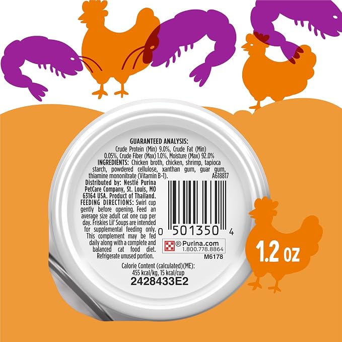 Purina Friskies Grain Free Lickable Cat Food Toppers Lil’ Soups With Shrimp in a Velvety Chicken Broth - (Pack of 8) 1.2 oz. Cups